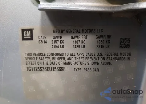 2014 Chevrolet Impala 2Lt из США, поврежденный, VIN 1G1125S36EU156698